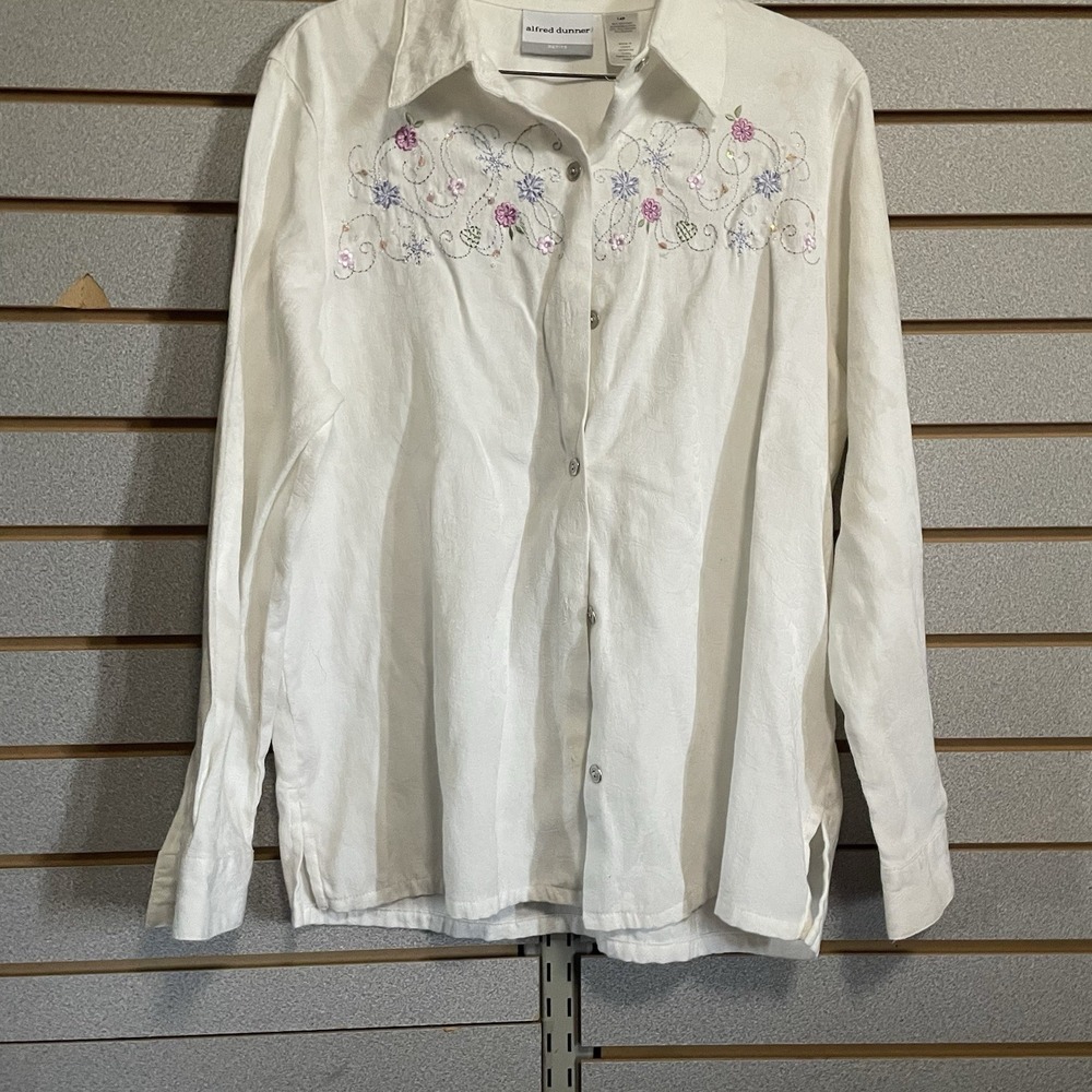Alfred Dunner 14 P Petite Button Long Sleeve Top Blouse Shirt Sequins Beaded Emb - Picture 1 of 6